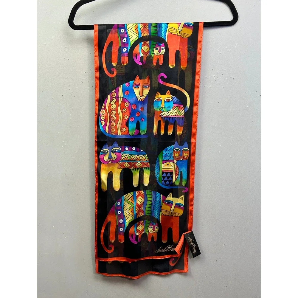 Laurel Burch Scarf Women OS Multicolor Silk Cat Art Whimsical Folk Art Rectangle